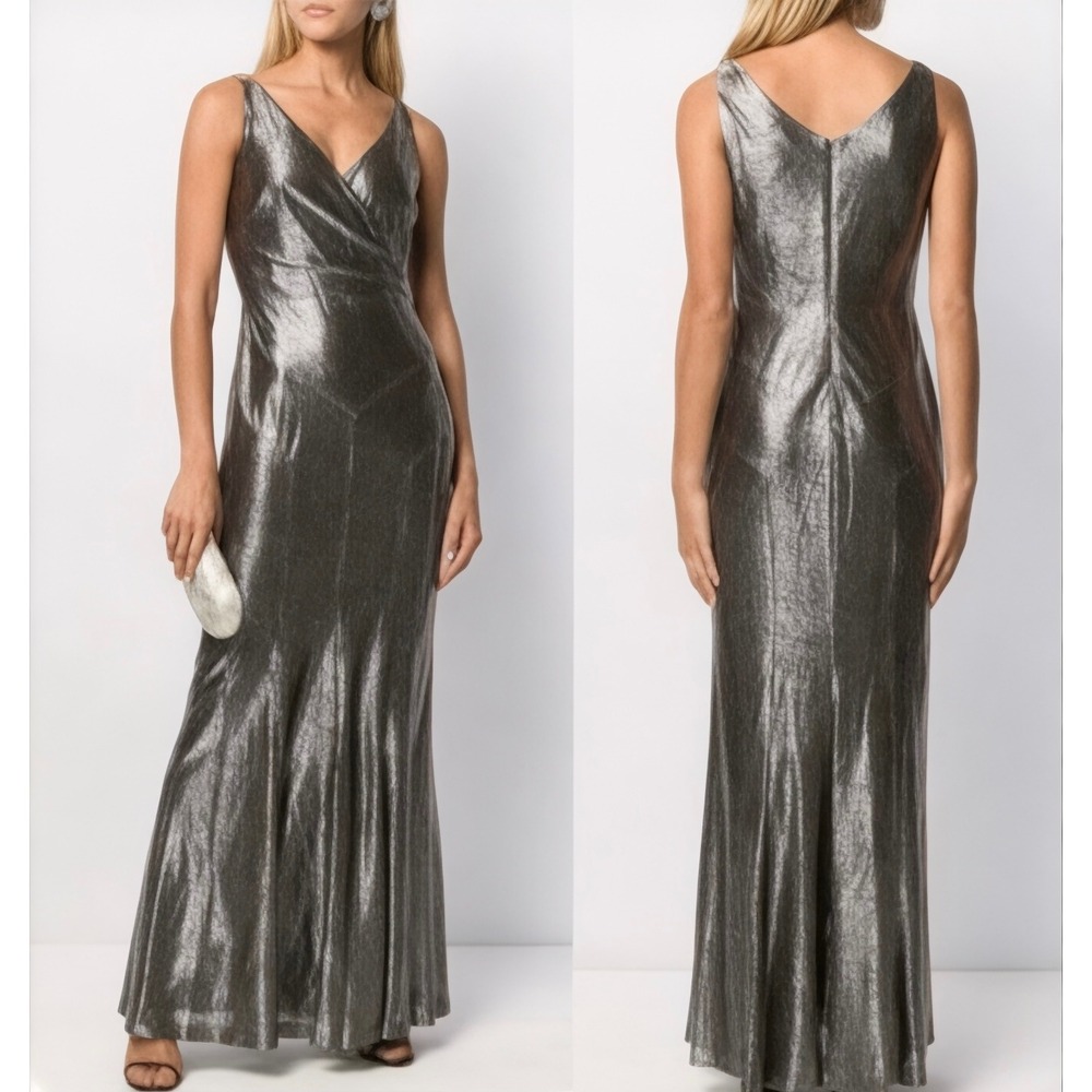 Lauren Ralph Lauren Aletheo Metallic Faux Wrap Evening Formal Gown Sz 12 Elegant